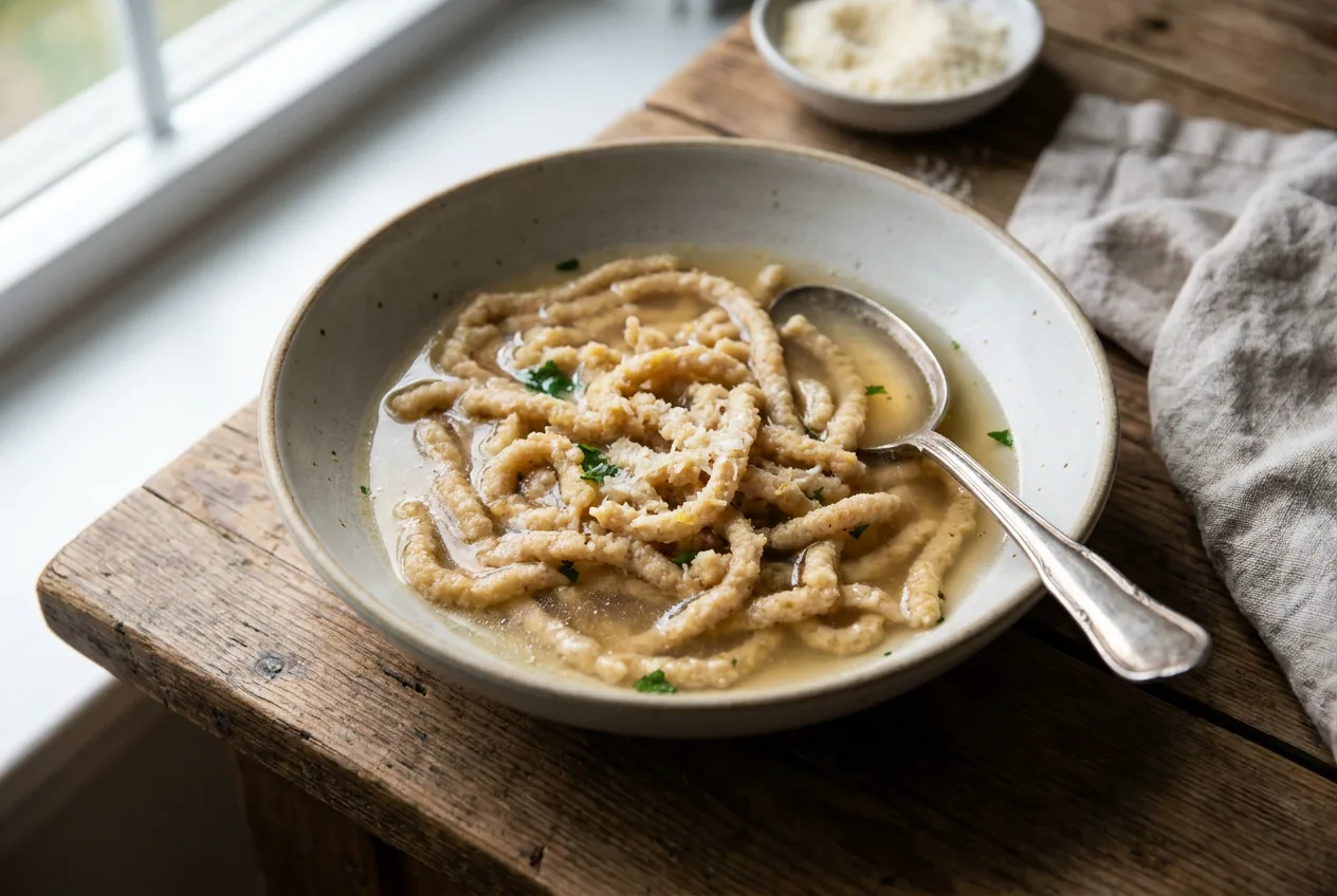 Passatelli marchigiani in brodo, primo piatto tipico del Pesarese