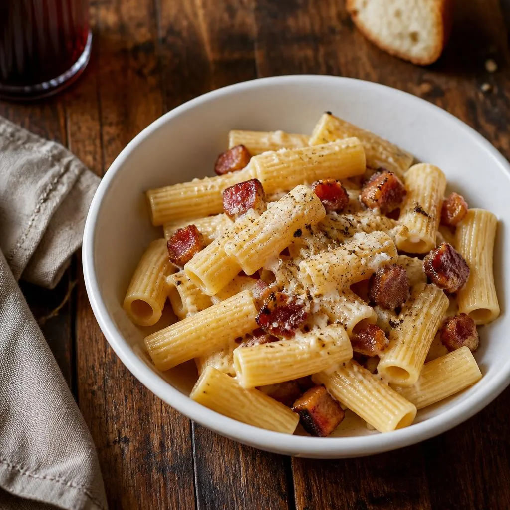 Rigatoni alla gricia con guanciale croccante e Pecorino Romano