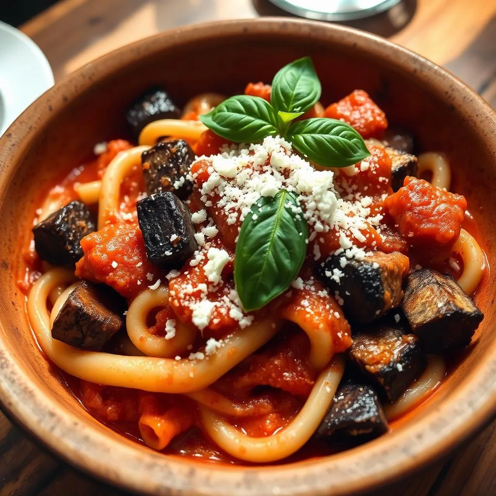 Pasta alla Norma catanese con melanzane fritte, pomodoro, ricotta salata e basilico