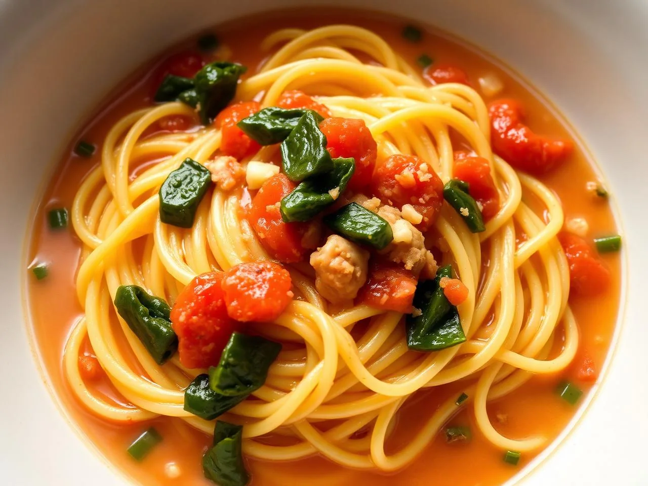 Pasta con i tenerumi, minestra siciliana con foglie di zucchina lunga e pomodoro