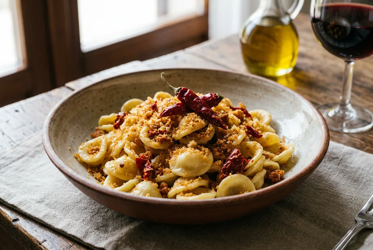 Pasta con mollica e peperoni cruschi, primo piatto povero della Basilicata