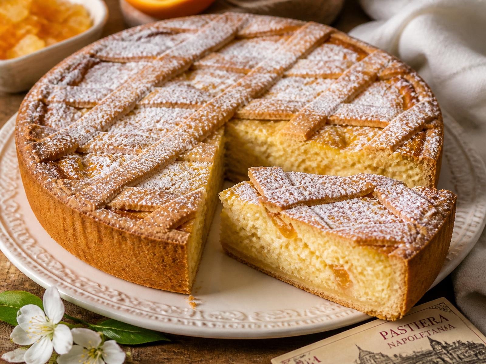 Pastiera napoletana con ripieno di ricotta, grano e canditi, dorata con strisce di frolla intrecciata