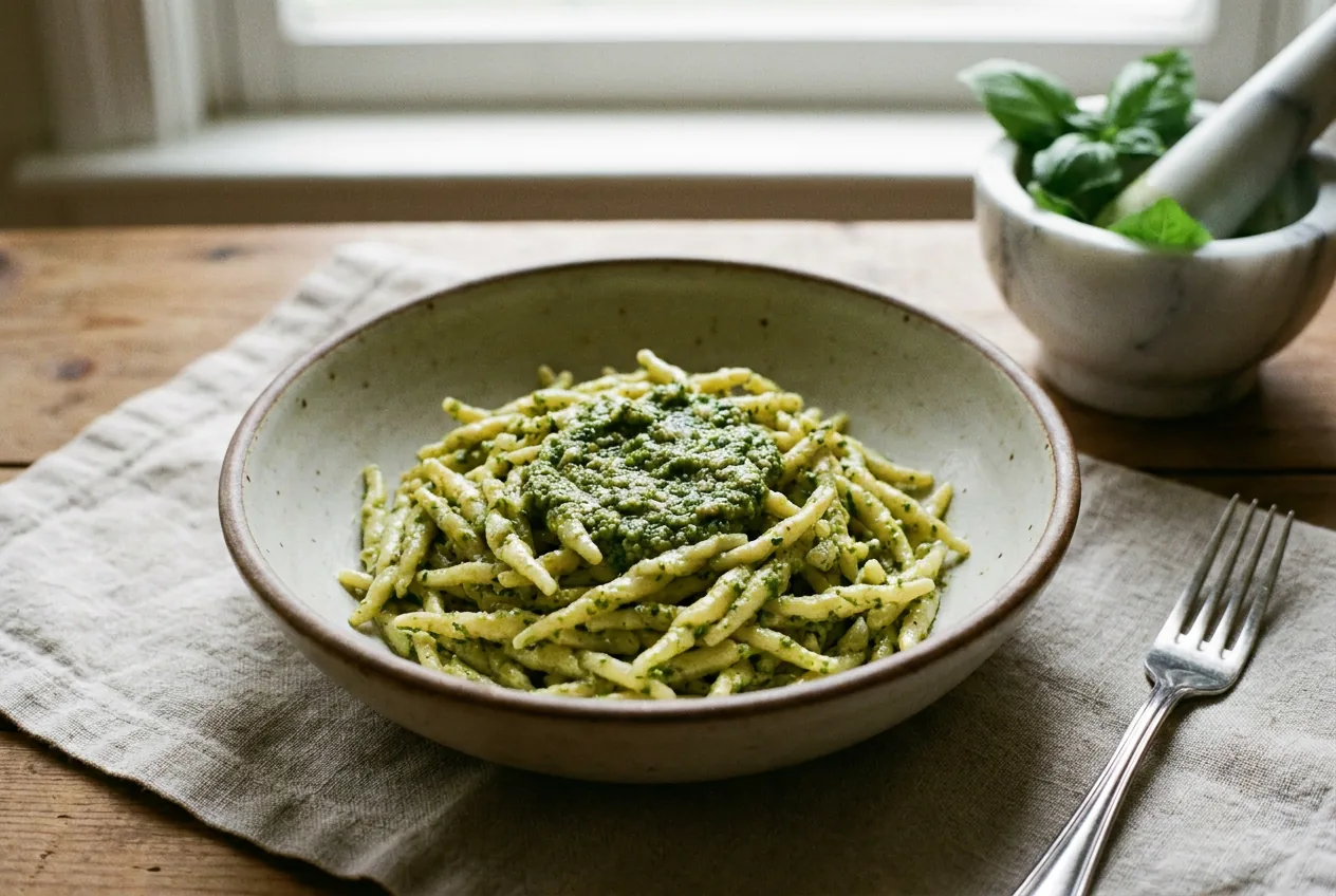 Pesto genovese verde brillante in un mortaio di marmo con foglie di basilico