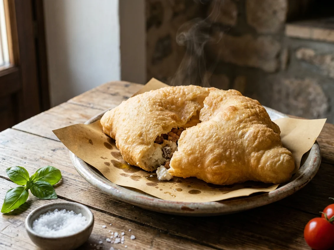 Pizza fritta napoletana dorata con ripieno tradizionale