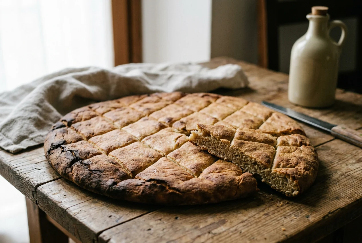Pizza scima abruzzese, pane azzimo inciso a rombi sulla superficie