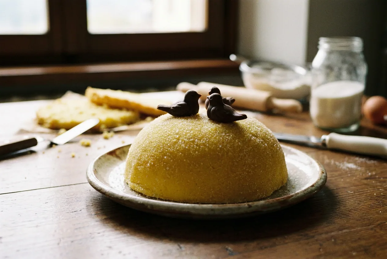 Dolcetti bergamaschi a forma di semisfera gialla con piccoli uccellini di cioccolato