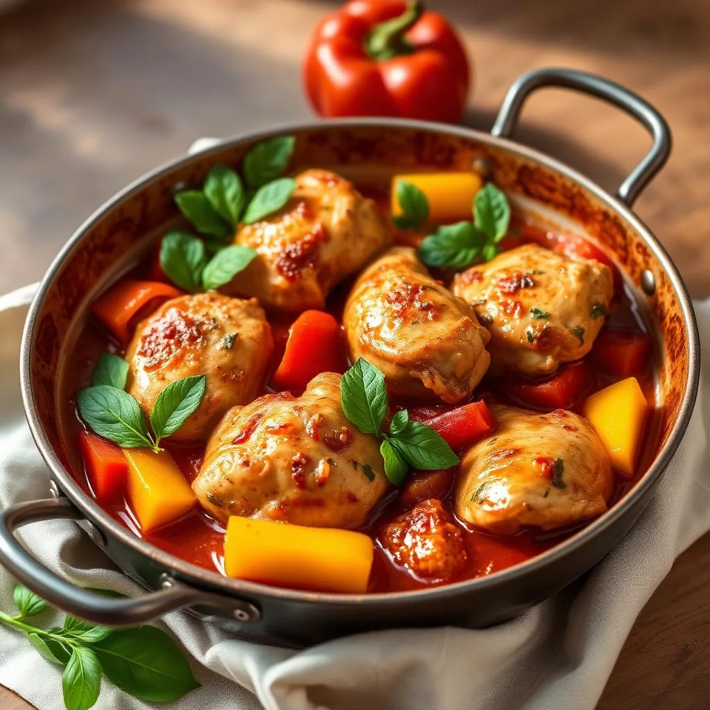 Pollo con i peperoni alla romana in casseruola con pomodoro e peperoni rossi e gialli