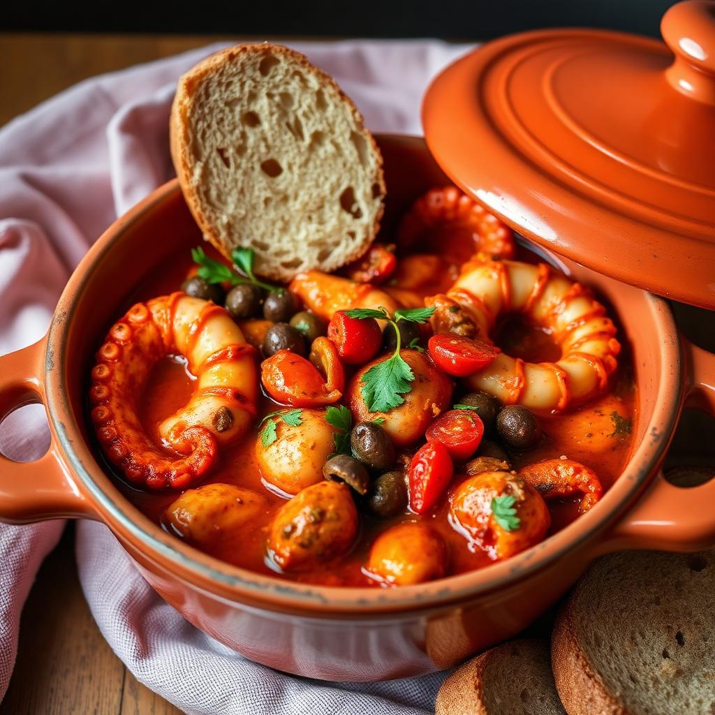 Polpo alla luciana napoletano cotto in tegame con pomodorini e peperoncino