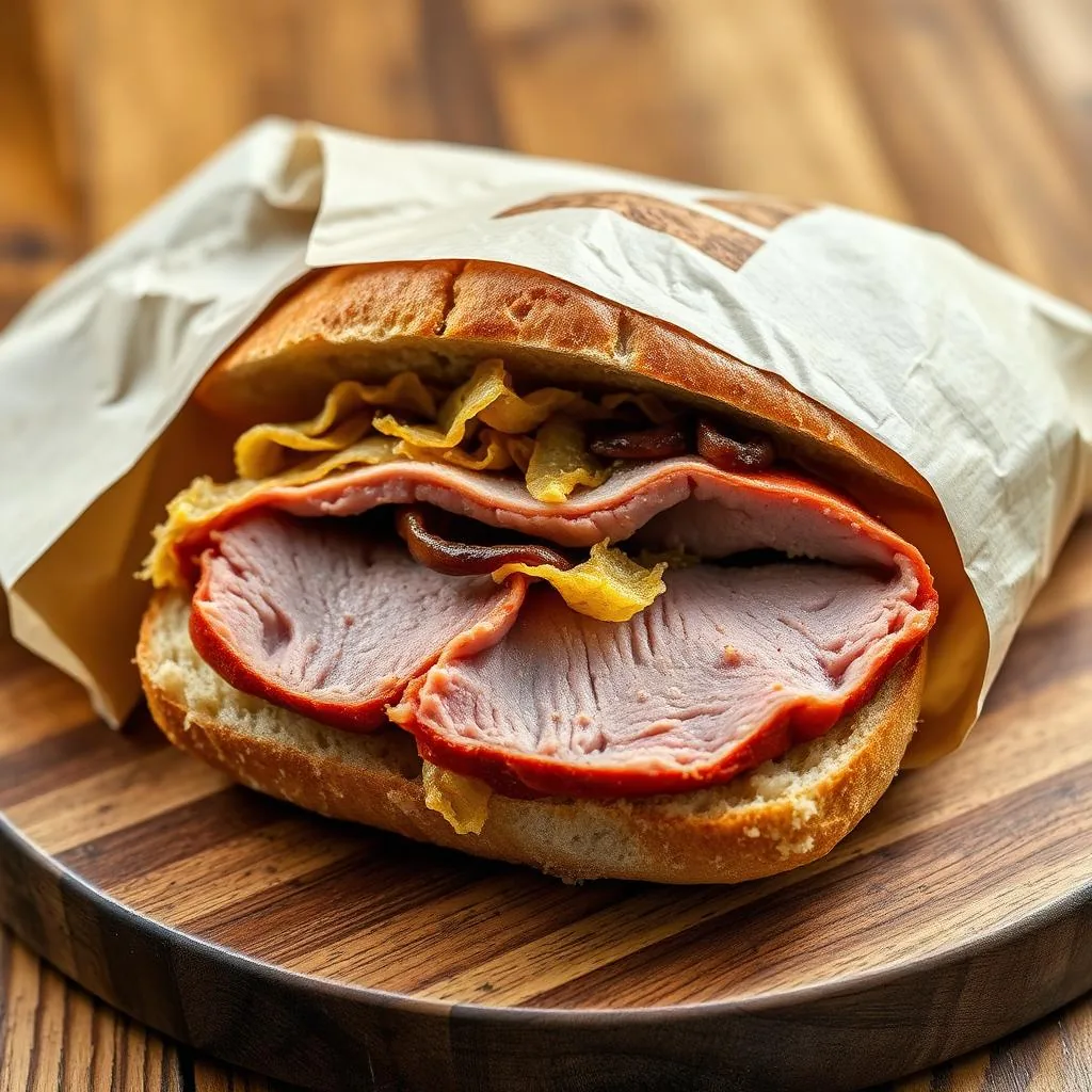 Panino con fette di Porchetta di Ariccia IGP con crosta croccante