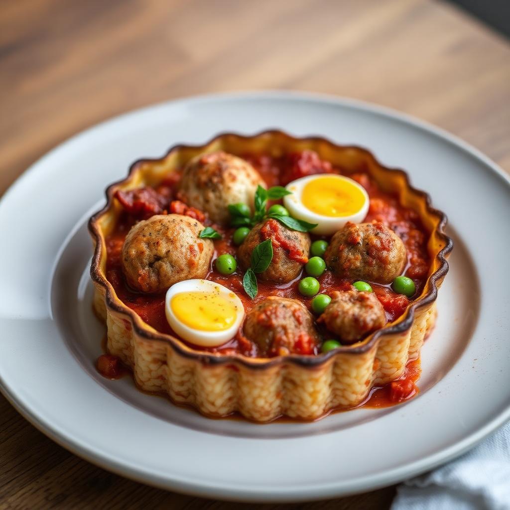 Sartù di riso napoletano sformato con ragù, polpettine, piselli e uova sode
