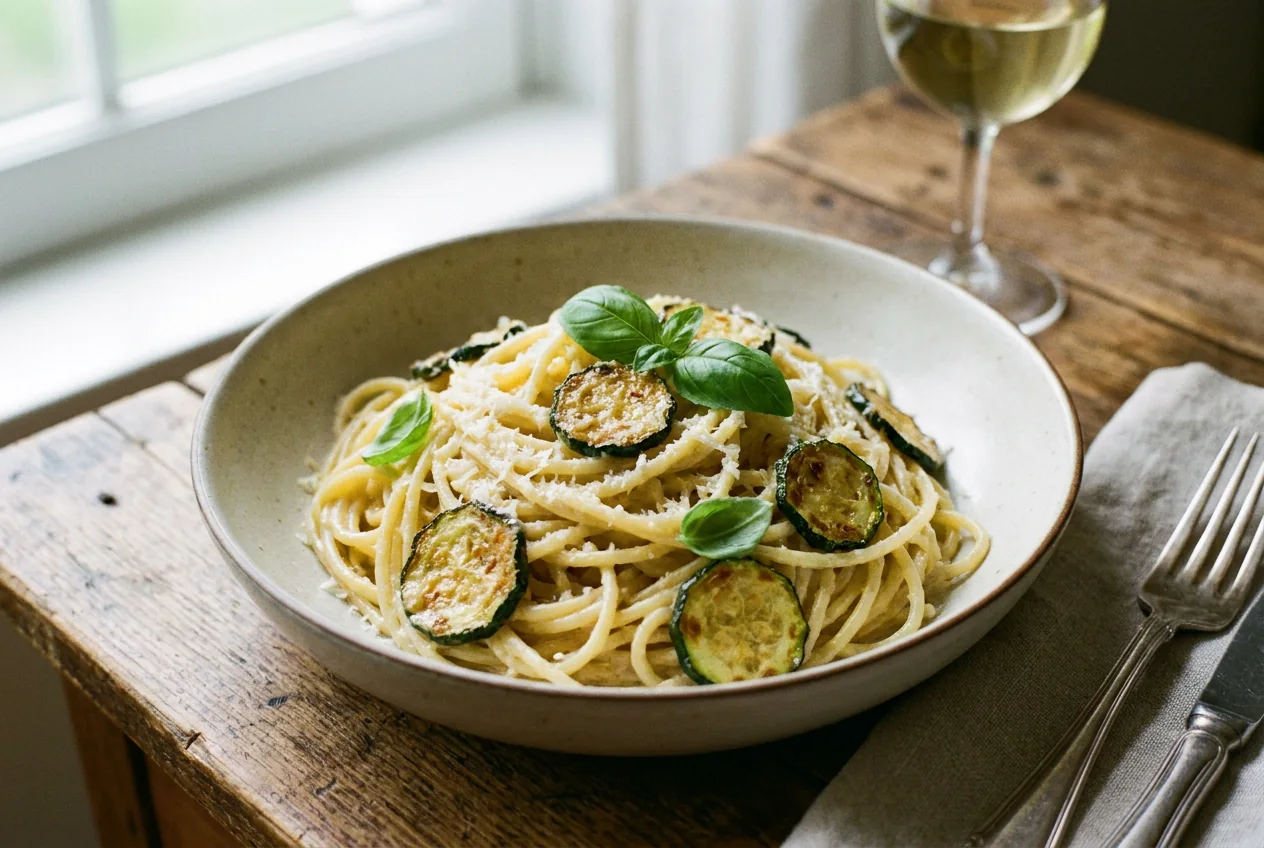 Spaghetti alla Nerano con zucchine, provolone del Monaco e basilico