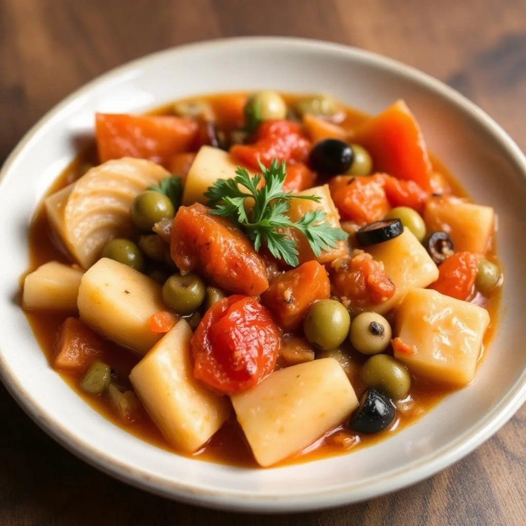 Stocco alla messinese in umido con pomodoro, olive verdi e patate