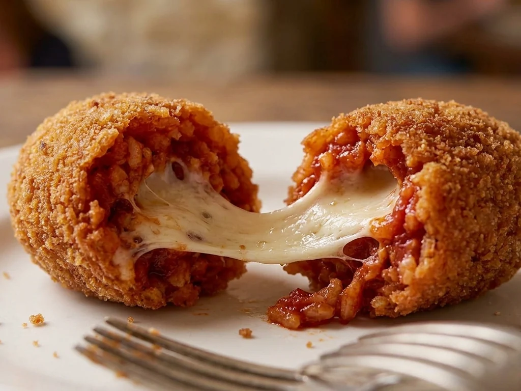 Supplì romano fritto con riso al pomodoro e mozzarella filante
