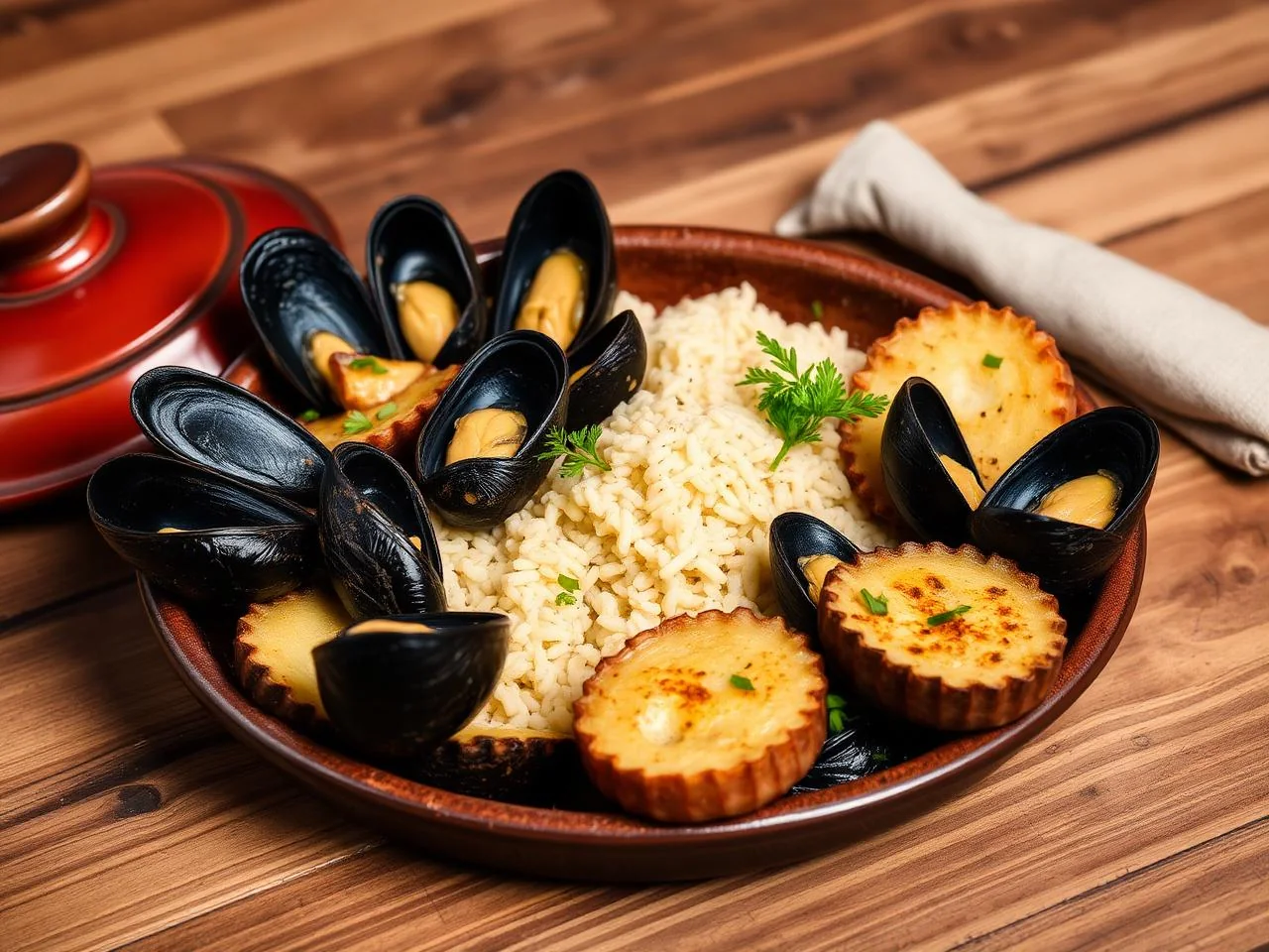 Tiedd di cozze alla tarantina in tegame di terracotta