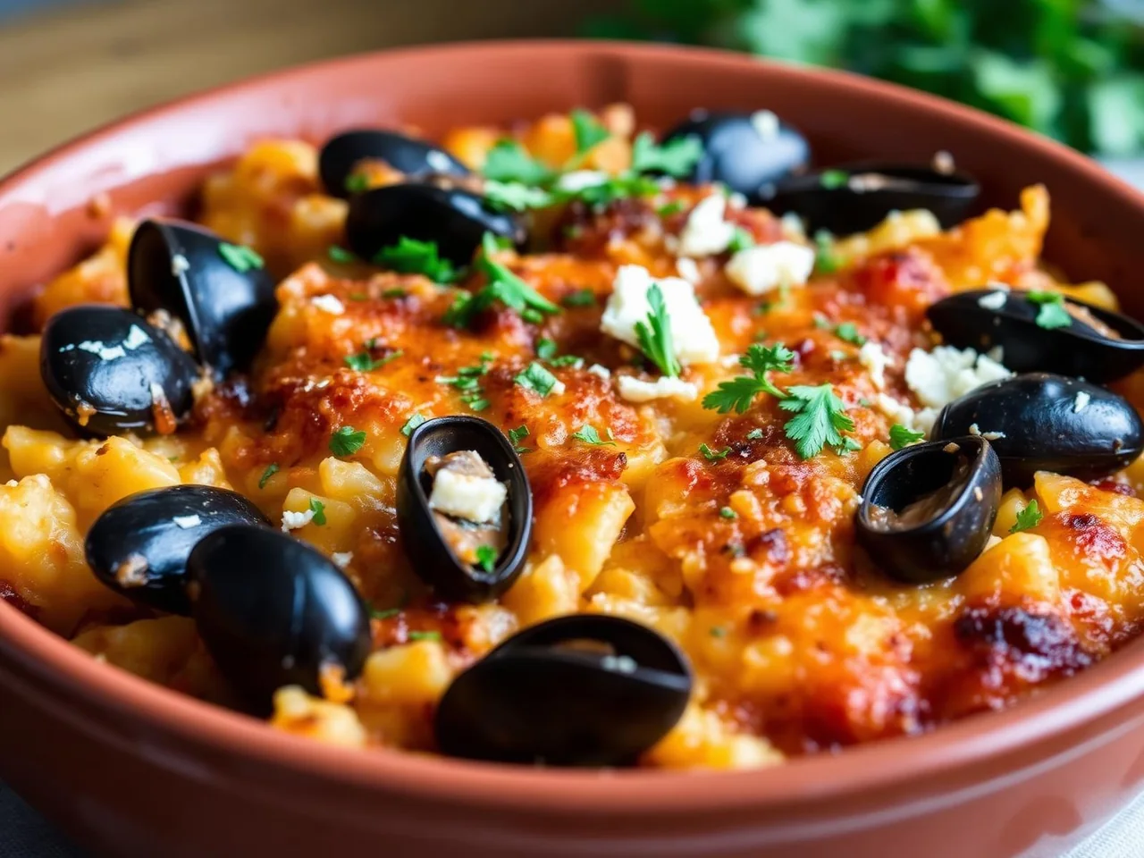 Tiella barese di riso, patate e cozze in tortiera di terracotta con prezzemolo