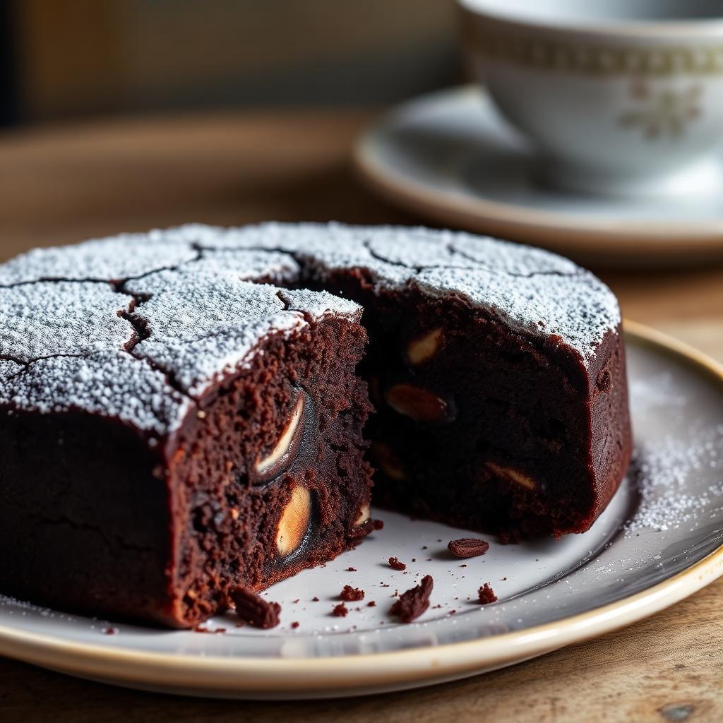 Torta caprese al cioccolato e mandorle con crosta screpolata e zucchero a velo