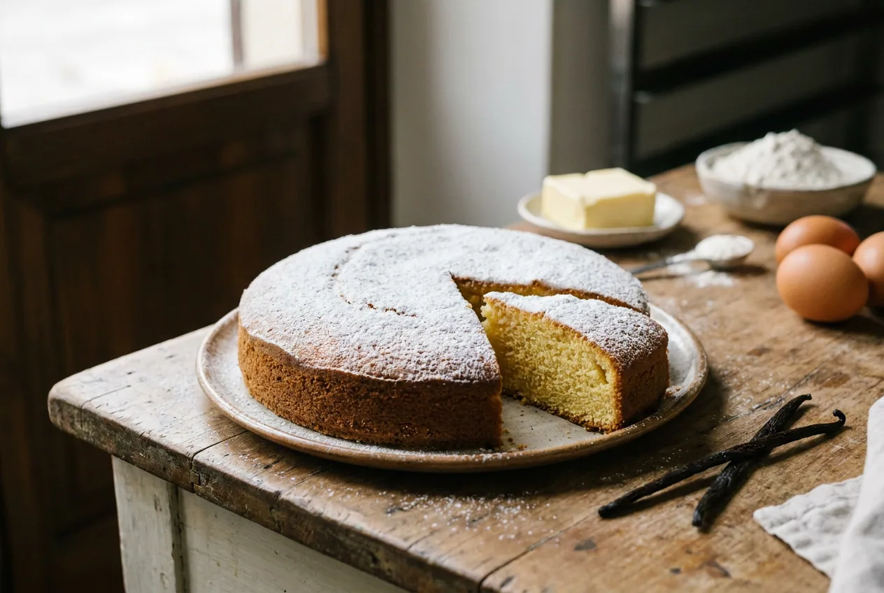 Torta Paradiso pavese, dolce soffice giallo spolverato di zucchero a velo
