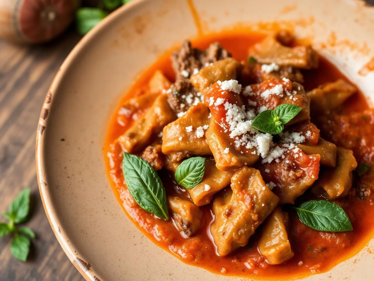 Trippa alla romana con sugo di pomodoro, mentuccia e Pecorino Romano