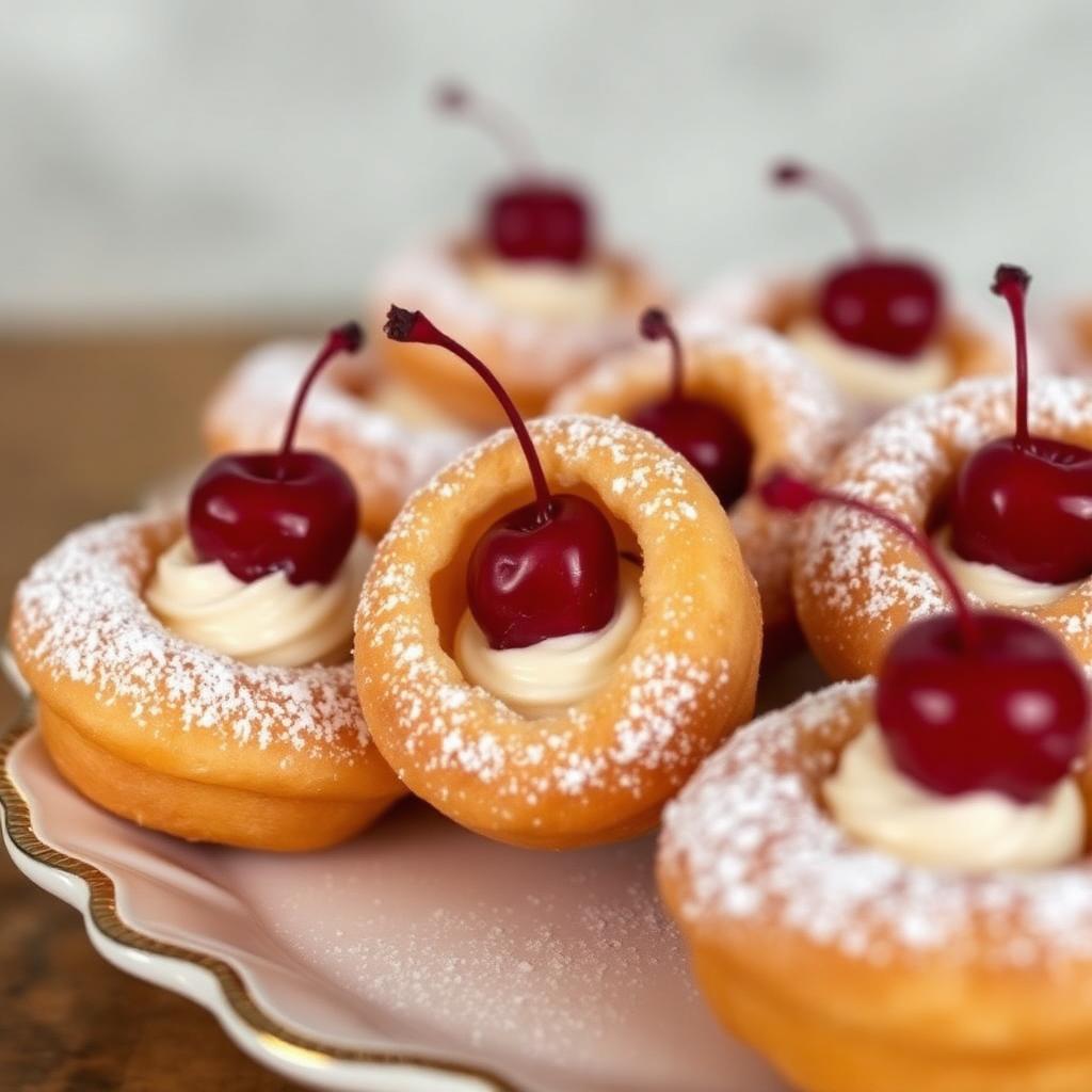 Zeppole di San Giuseppe con crema pasticcera e amarena, spolverate di zucchero a velo