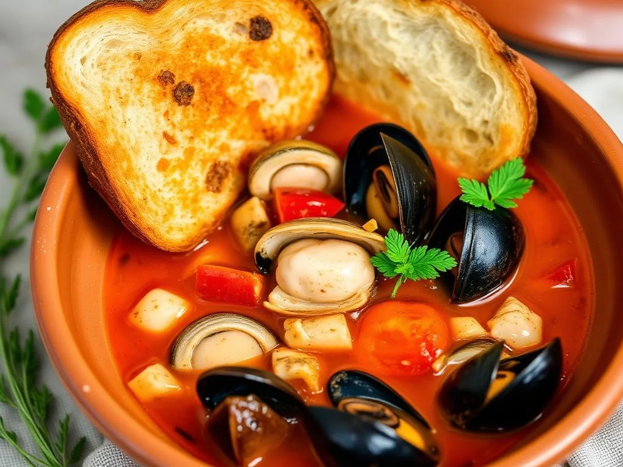 Zuppa di pesce gallipolina con scorfano, cozze e pane bruscato