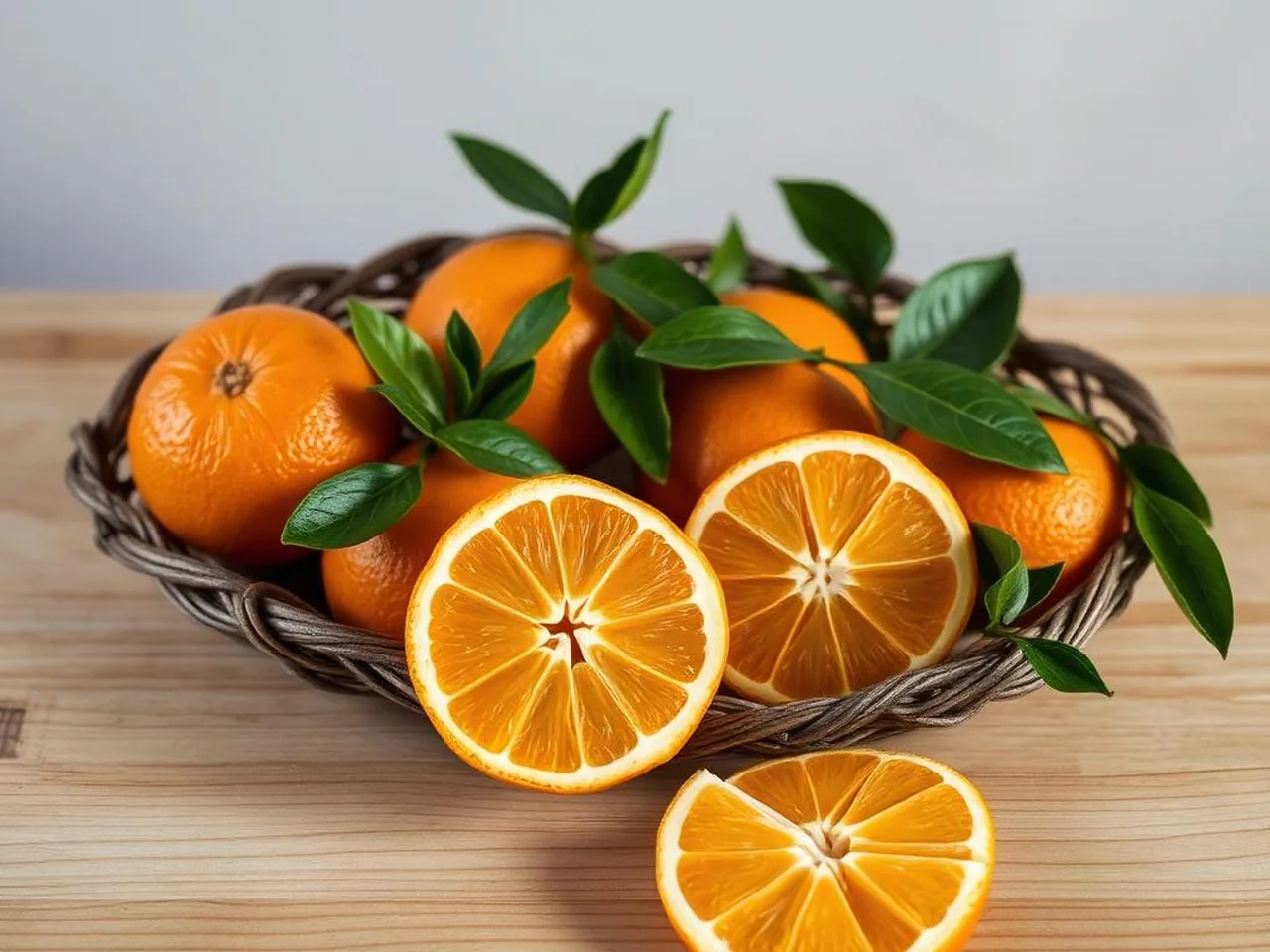 Arance del Gargano IGP mature con buccia arancione intensa e foglie verdi in cesta di vimini
