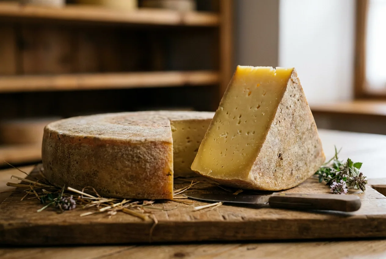 Forme cilindriche di Bitto DOP in stagionatura su assi di legno