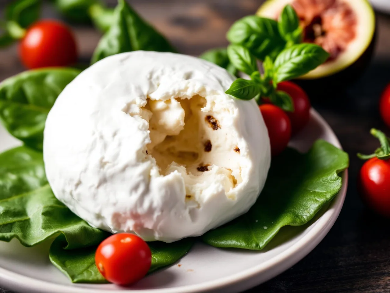 Burrata di Andria IGP aperta su foglia di fico con stracciatella cremosa e pomodorini