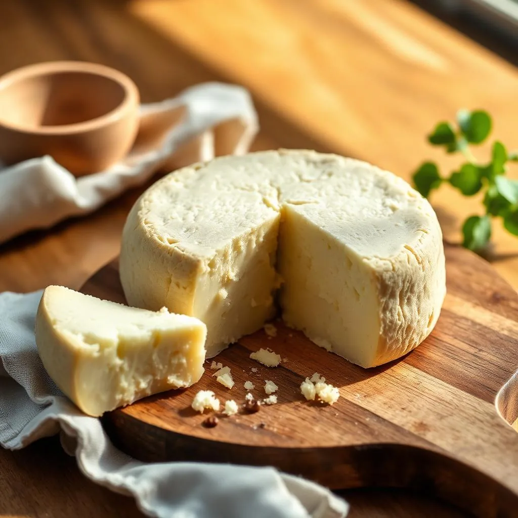 Caciotta Genuina Romana PAT tonda con wedge cut, pasta ivory su tagliere di legno
