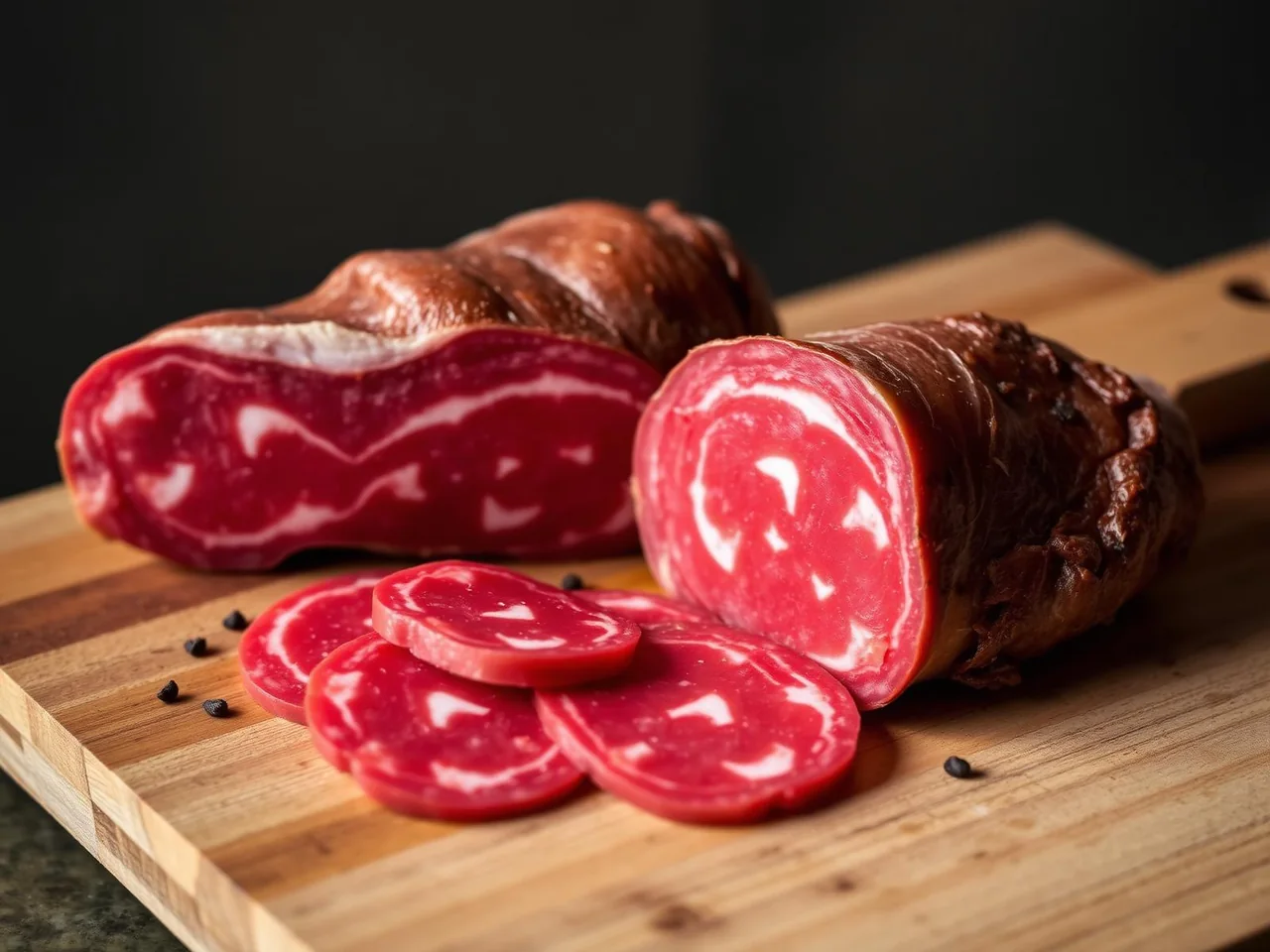 Capocollo di Martina Franca stagionato intero e affettato su tagliere di legno