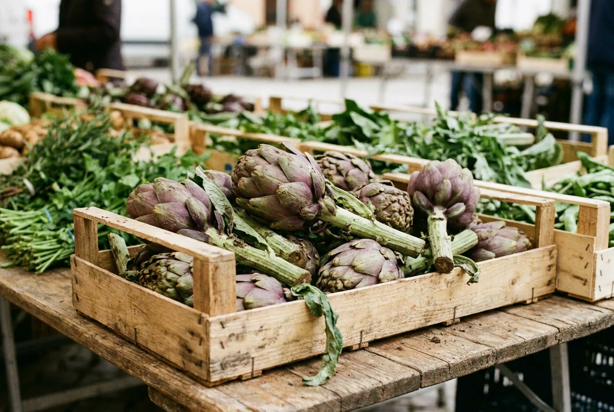 Carciofi di Montelupone violetti disposti in una cassetta di legno