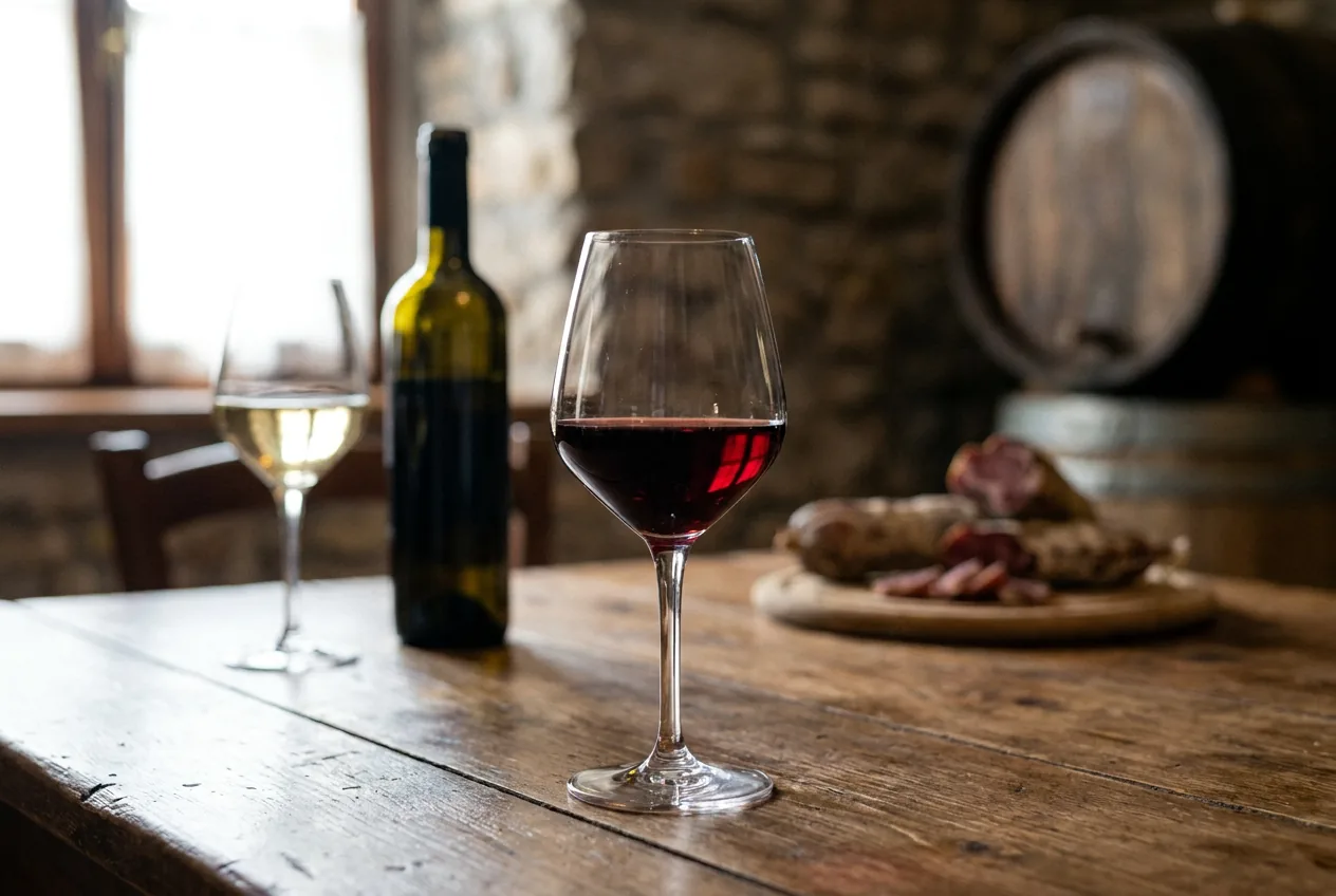 Calice di vino Carso DOC con paesaggio carsico e terra rossa sullo sfondo
