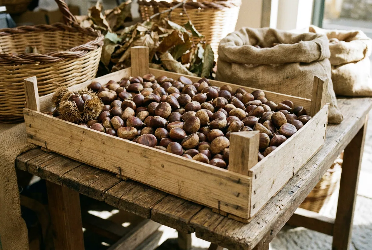 Castagne dell'entroterra savonese con riccio, appena raccolte dal castagneto