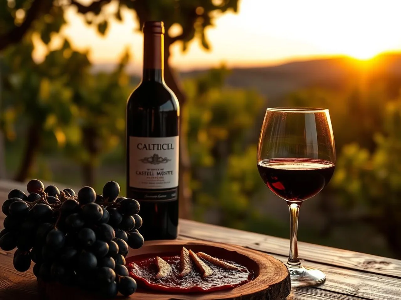 Calice di Castel del Monte Nero di Troia rosso rubino con grappoli di uva nera di Troia al tramonto