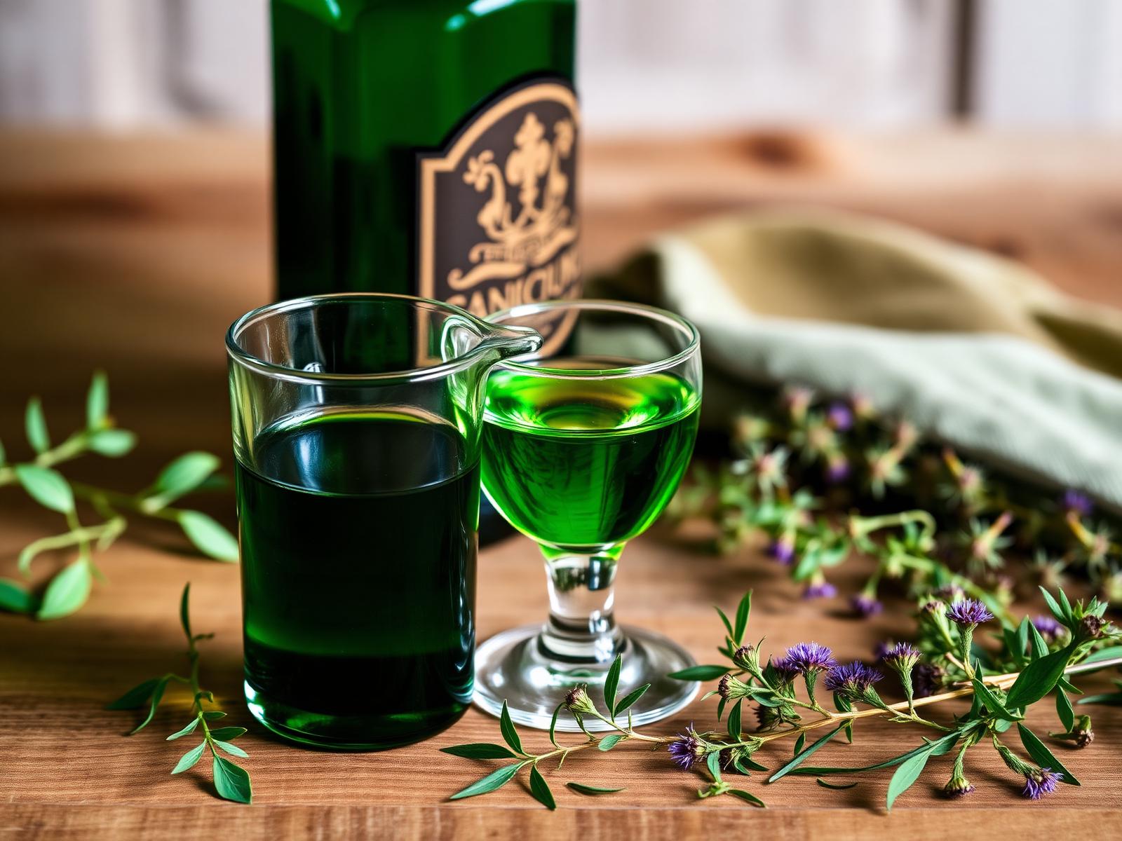 Centerba di Tocco da Casauria verde intenso in bicchierino con erbe di montagna