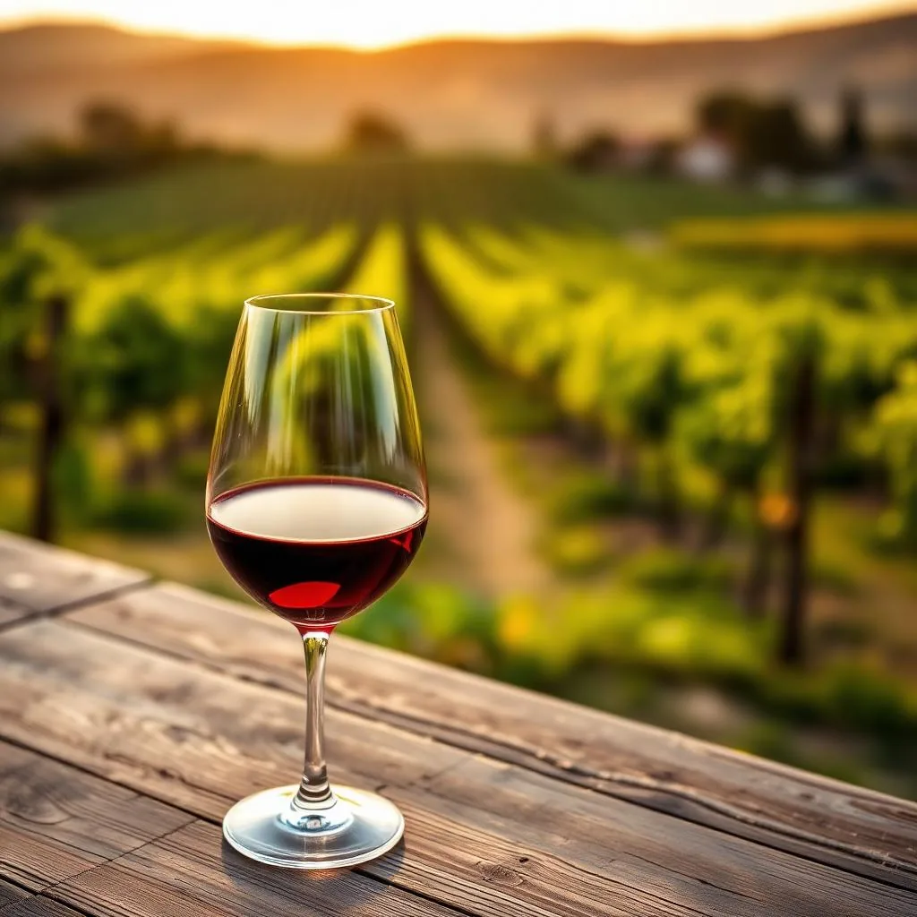 Calice di vino rosso Cesanese del Piglio DOCG con vigneti della Ciociaria