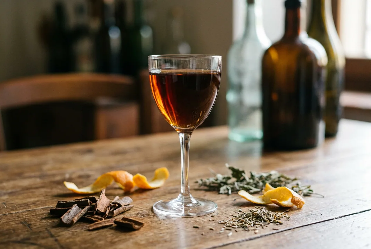 China ligure, amaro scuro servito in un bicchierino da aperitivo