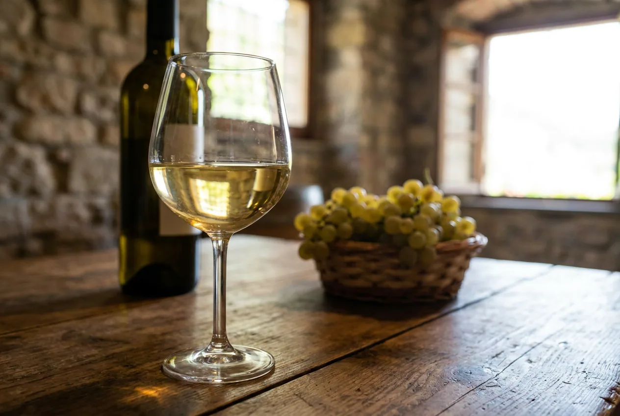 Vino bianco Cinque Terre DOC in calice con terrazzamenti vitati sullo sfondo