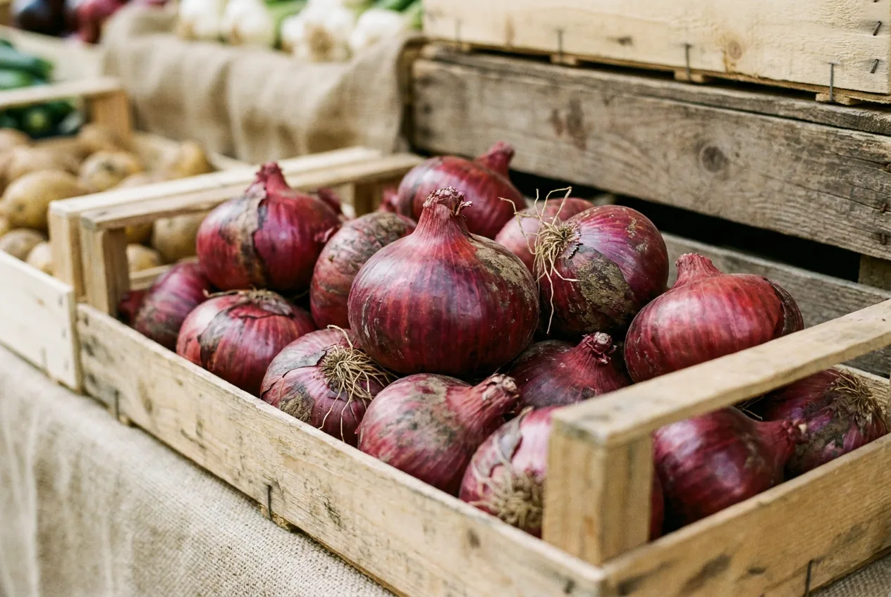 Bulbi di cipolla rossa di Cavasso su un cesto di vimini