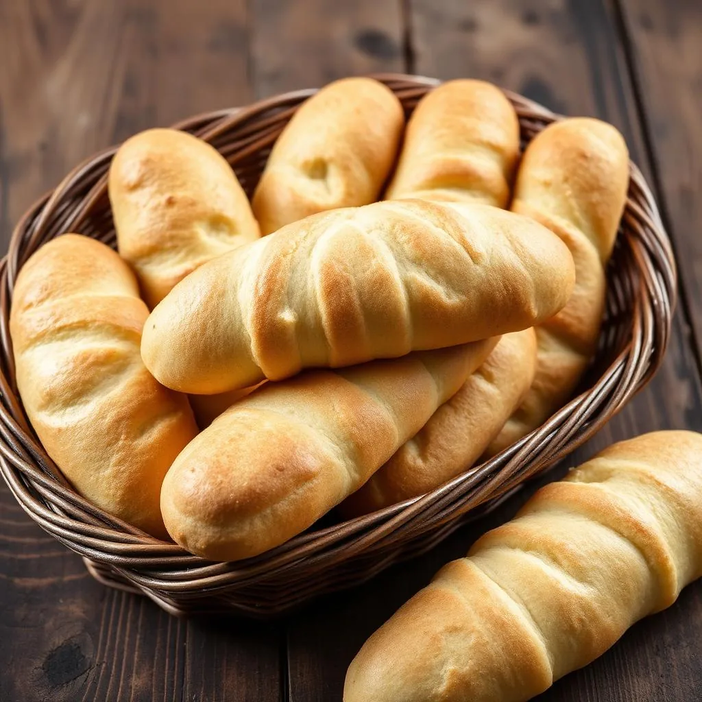 Ciriole romane PAT: panini allungati con crosta dorata in cesta di vimini su tavolo di legno