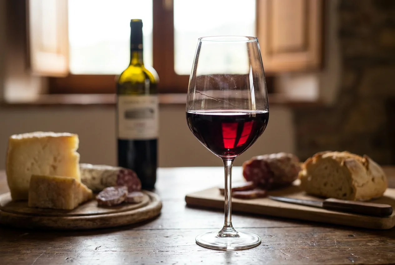 Calice di vino Cirò DOC rosso su una tavola con uve Gaglioppo