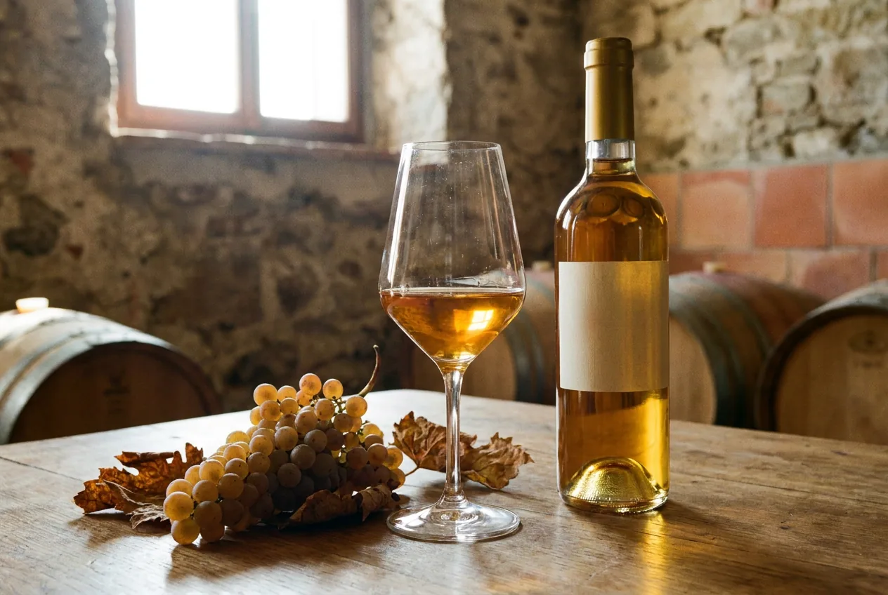 Calice di vino dolce Picolit DOCG dal colore dorato intenso