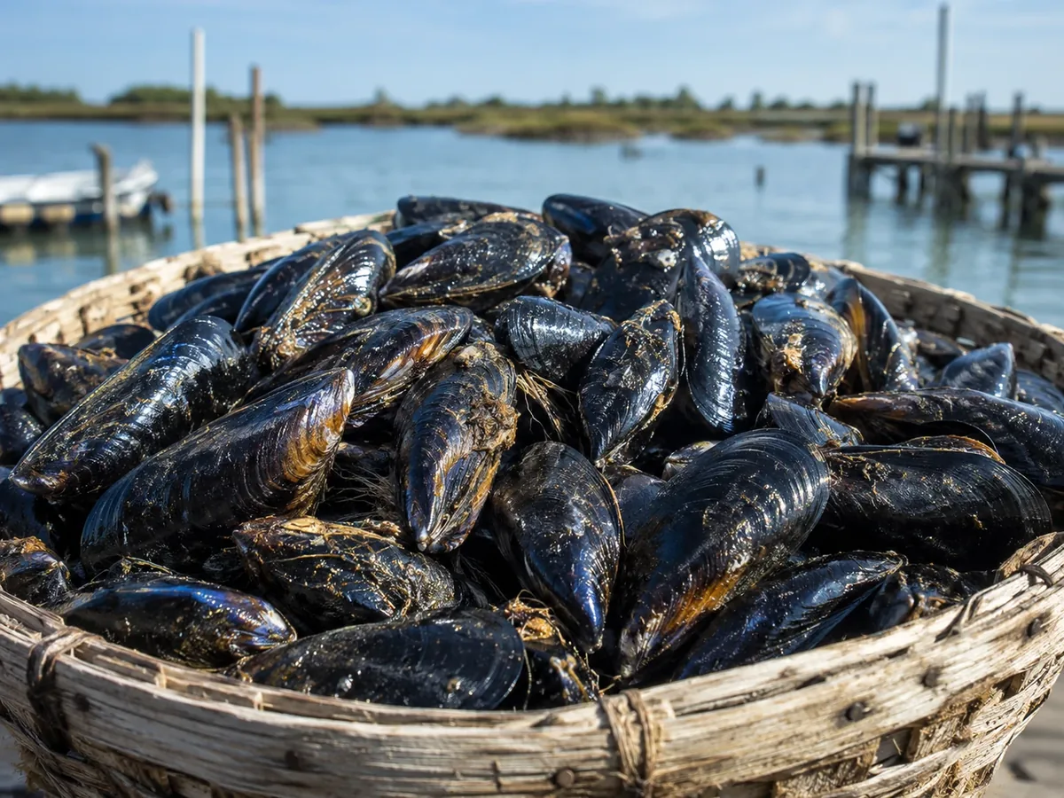 Cozze di Scardovari DOP in cassetta dopo la raccolta in laguna
