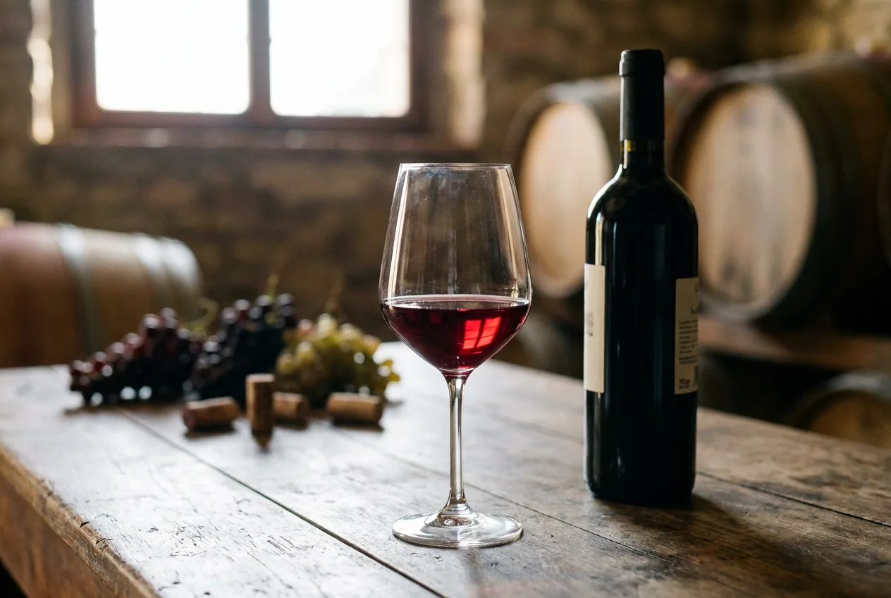 Calici di vino Curtefranca DOC con vigneti della Franciacorta sullo sfondo