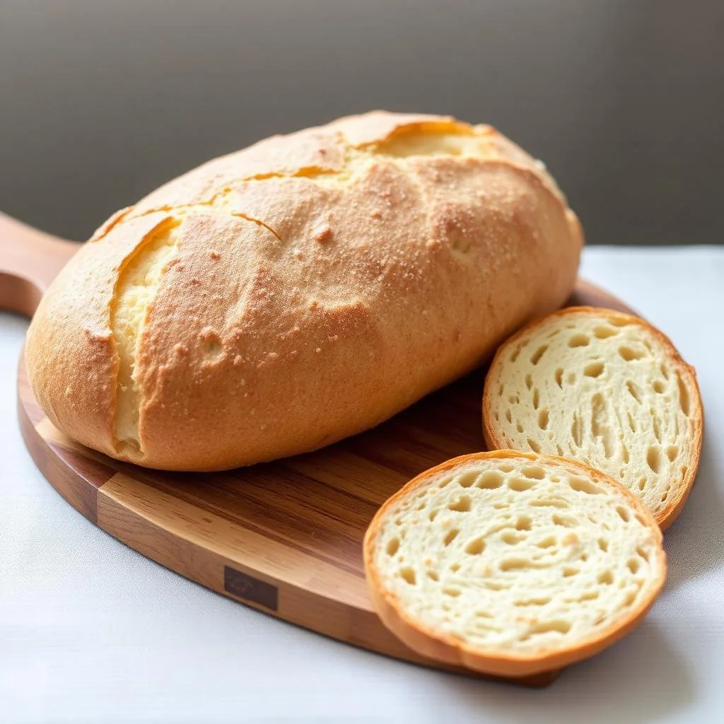 Falia di Priverno PAT: pane piatto ovale con crosta dorata e mollica soffice su tagliere di legno