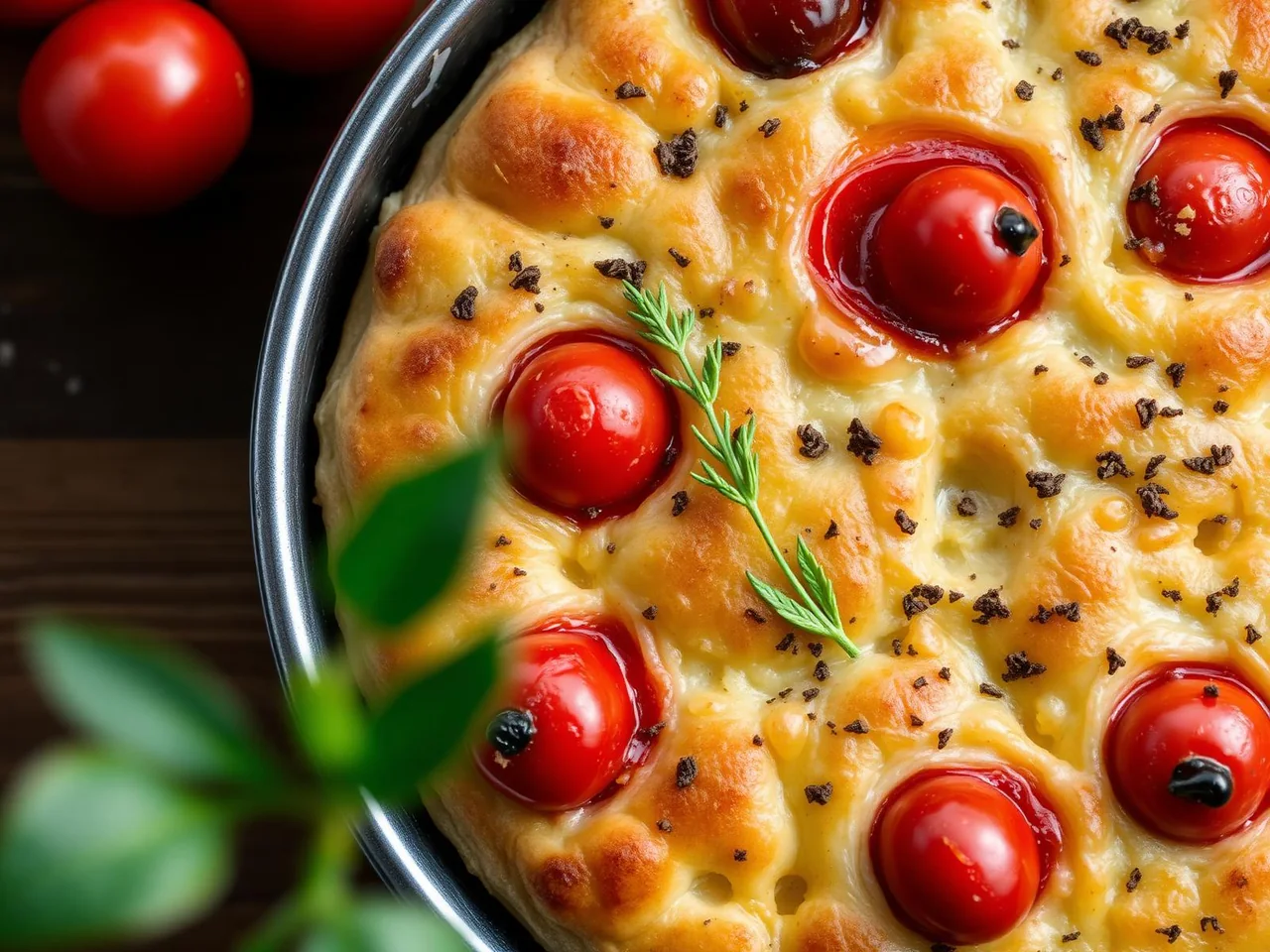 Focaccia barese in teglia tonda con pomodorini, olive nere e origano