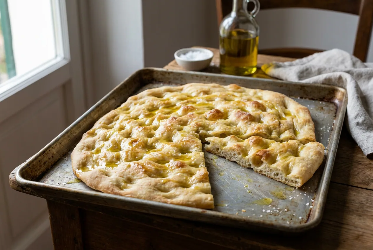 Focaccia di Voltri sottile e dorata tagliata a pezzi rettangolari