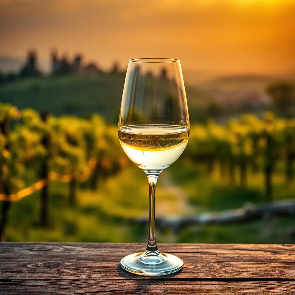 Calice di vino bianco Frascati DOC con panorama di vigneti dei Castelli Romani