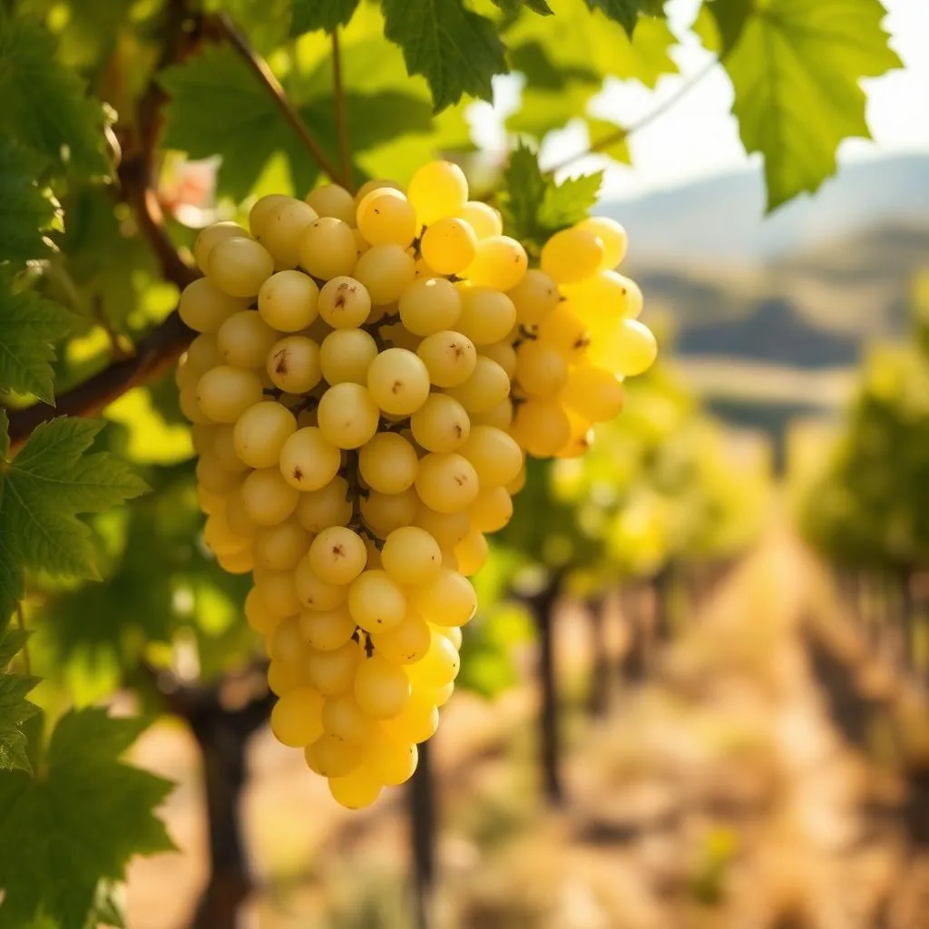 Grappolo di uva bianca Malvasia nei vigneti del Frascati Superiore DOCG