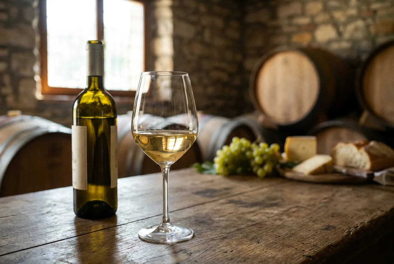 Calice di vino bianco Friuli Isonzo DOC con vigneti pianeggianti sullo sfondo