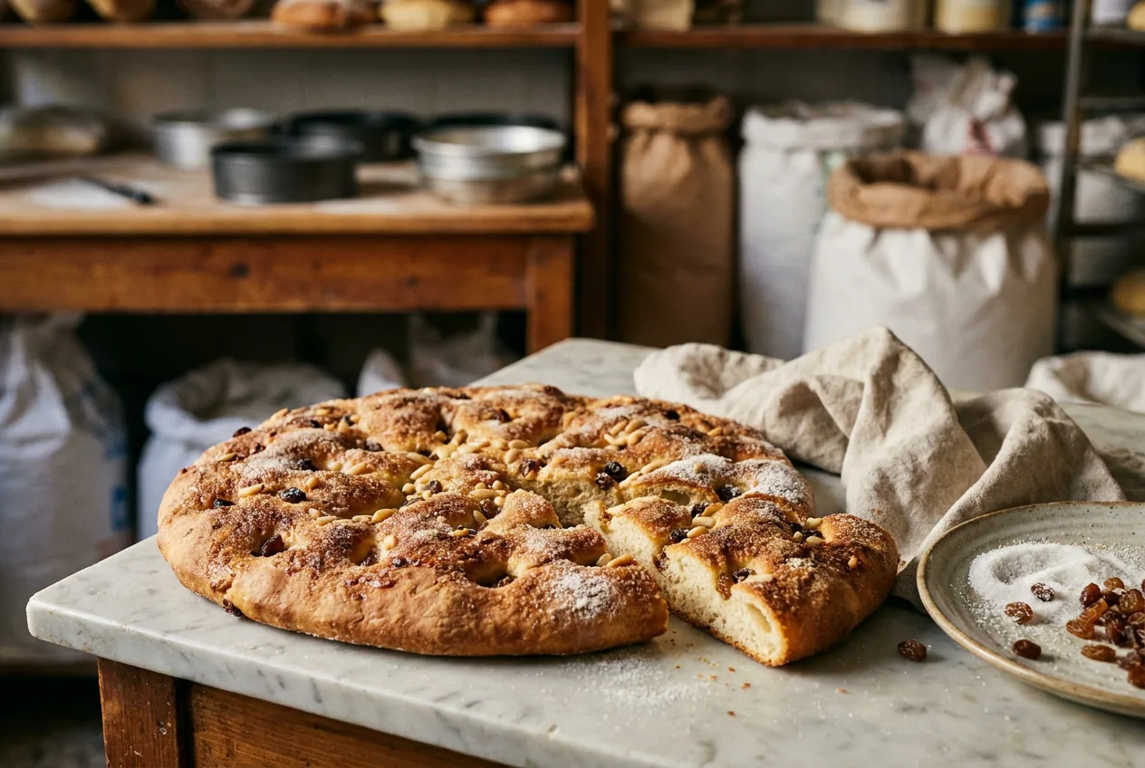 Fugassa dolce genovese, focaccia dolce con superficie zuccherata e uvetta